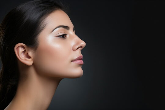 I want a close-up shot of the woman posing from the side profile, a professional photo on a black background, plastic surgeon website - Generative AI