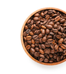 Bowl with coffee beans on white background