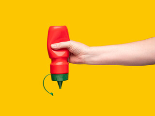 Red plastic bottle squezzed by hand. Yellow wall, no face.
