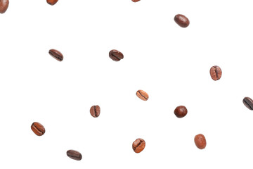 Flying coffee beans on white background