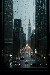 A cityscape seen through a rain-soaked window  AI generated