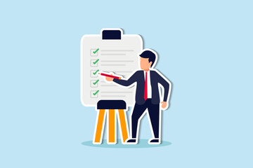 Completed checklist, finishing project tasks or work done conclusion, project management or process plan concept, smart businessman using pen to check on project list checkbox marked as completed.