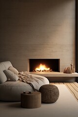 A comfortable minimalist indoor setup with a fireplace  AI generated