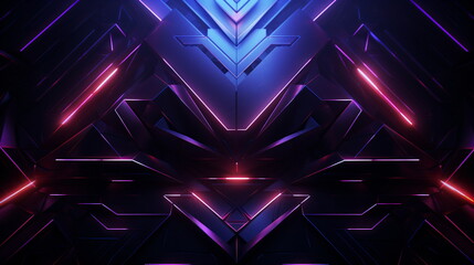 An abstract geometric design with a futuristic cyberpunk aesthetic, featuring neon colors in shades of purple and blue.