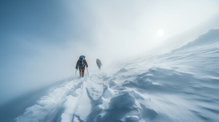 Hikers walking through a snowstorm. Generative AI - obrazy, fototapety, plakaty