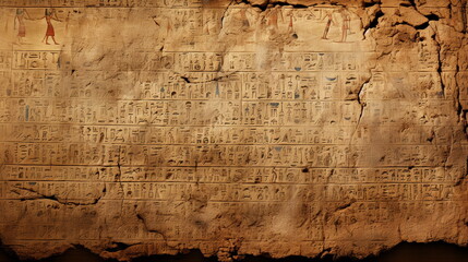 Ancient Egyptian papyrus texture background, vintage and hieroglyphic backdrop. A vintage wall with hieroglyphs engraved on it. Paper texture. Generative AI - obrazy, fototapety, plakaty