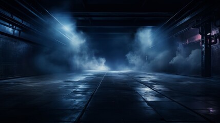 A dark empty street dark blue background an empty dark scene neon light spotlights The asphalt floor and studio room with smoke float up the interior texture  AI generated