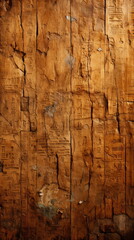 Aged reddish-brown wood texture background with engraved ancient Egyptian hieroglyphs, cracked, peeled, and weathered. Close up. Generative AI