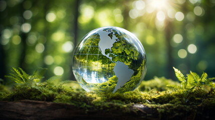 Obraz na płótnie Canvas A glass globe with a world map drawn on it, lying on moss in a dense forest. Forest bokeh background. Nature, environment, ESG, green energy, Earth Day concept. Generative AI