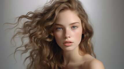 Naklejka premium A beautiful girl model with clear, white skin and long blonde permed hair is looking at the camera. Close-up of face. Gray studio background. Hair, skin and cosmetics female model. Generative AI