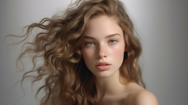 A beautiful girl model with clear, white skin and long blonde permed hair is looking at the camera. Close-up of face. Gray studio background. Hair, skin and cosmetics female model. Generative AI