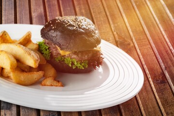Tasty fresh fast food  hamburger with potato