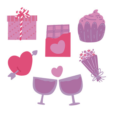pink and purple hand drawn valentine's day element. gift box, cupcake, chocolate, flower, wine, and heart shape