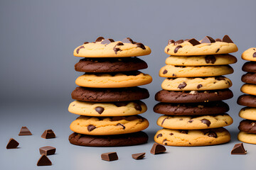 Chocolate chip cookie stack tower cutout for artwork - transparent background with various designs PNG neck-up template generative ai