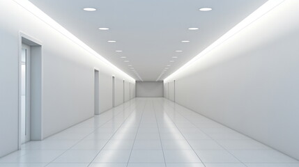 White long hallway space with bright light and perspective. Nothing, Empty, Nobody. Generative AI