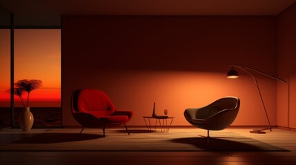 A minimal lounge in warm evening lighting AI generated