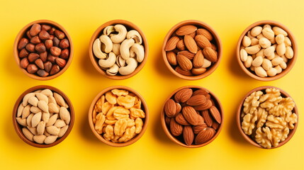 Eight varieties of different nuts on a plain yellow background, horizontal composition - Generative AI - obrazy, fototapety, plakaty