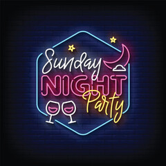 Neon Sign sunday night party with brick wall background vector