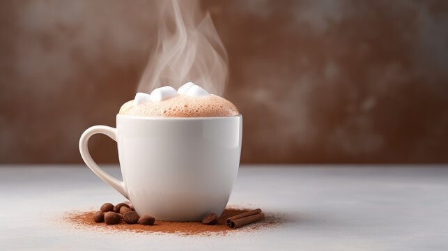A mug of steaming hot cocoa against a neutral background  AI generated