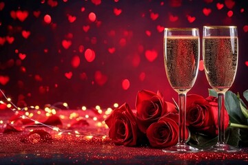 Valentines day background with champagne glasses and red roses. generative ai. - obrazy, fototapety, plakaty