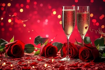 Valentines day background with champagne glasses and red roses. generative ai.