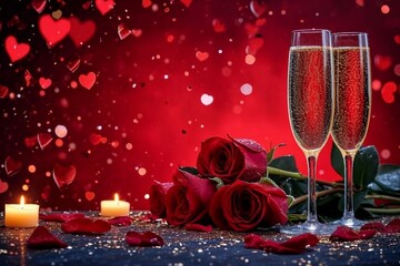 Valentines day background with champagne glasses and red roses. generative ai.