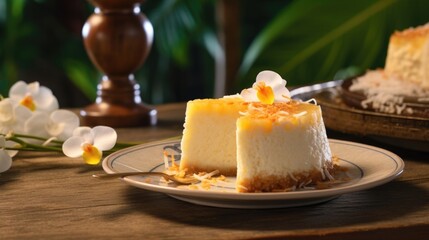 Intricately patterned and subtly sweet, this Japanese cheesecake charms with its delicate crumb structure, flawlessly complimented by a tering of toasted coconut flakes for an added tropical - obrazy, fototapety, plakaty