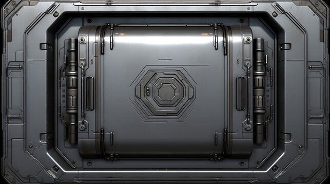 A futuristic door inside a metal-textured spacecraft where light is reflected and glistens.