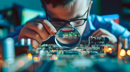 A focused technician uses a magnifying glass to closely inspect a complex electronic circuit board.