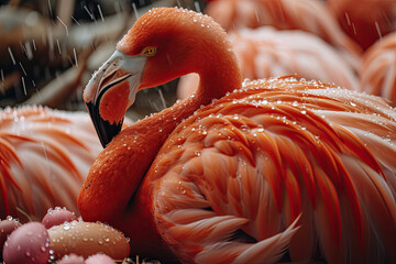 Portrait of the James Flamingo on the forest with rain fall AI Generative