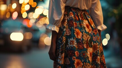 A statement midi skirt in a vibrant print created from ethicallysourced, organic cotton, paired with a simple white blouse for an elegant and sustainable ensemble. - obrazy, fototapety, plakaty