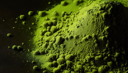 Green powder on a black background. Green tea powder. Close up. Top view. Generative AI