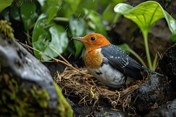 Side view portrait of the Orange-headed Ground Thrushes guarding the nest on the ground AI Generative