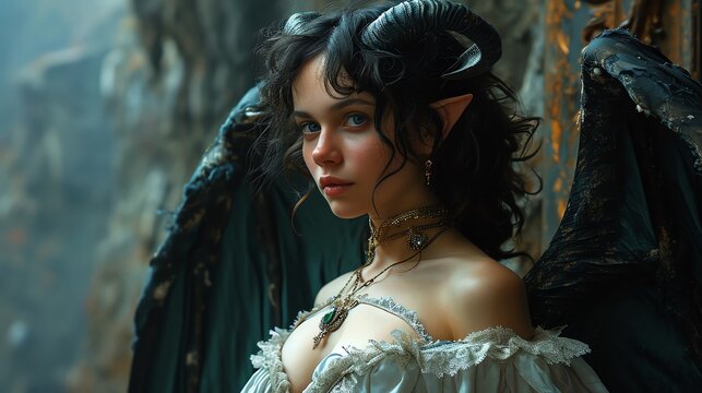 A female demon with horns and  black wings,  a succubus