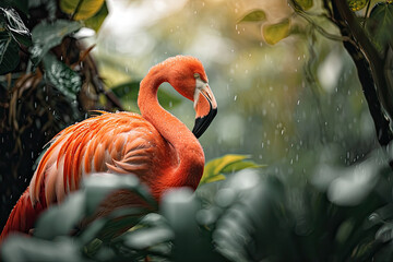 Portrait of the James Flamingo on the forest with light exposure AI Generative
