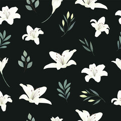 White Lily Flower Seamless Pattern Frame Background