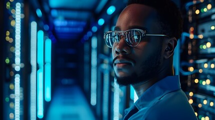 A network engineer with stylish glasses poses in a server room with vibrant blue lighting.