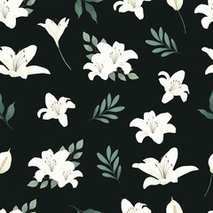White Lily Flower Seamless Pattern Frame Background