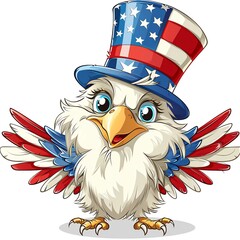 a cartoon eagle wearing a Stars and Stripes top hat, July 4th