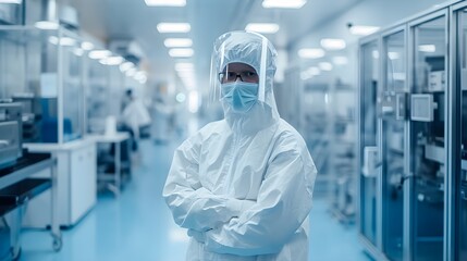 A researcher in a hazmat suit is crossing arms in a cleanroom semiconductor manufacturing plant.