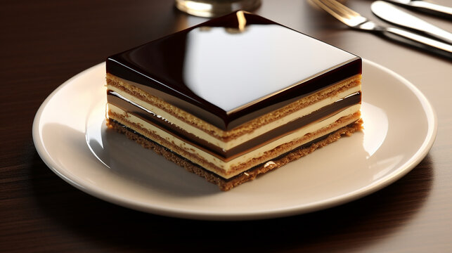 opera cake layers of sponge and cream fitting for an elegant on white plate indoor cafe 3d rendered