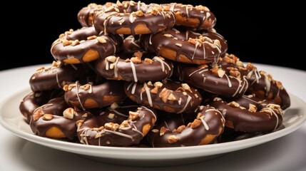 Fototapeta premium The camera focuses on a platter of chocolatecovered pretzels, beautifully presented with a sprinkling of crushed nuts on top. This shot highlights the combination of smooth chocolate, salty