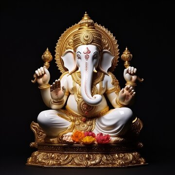 White and gold elephant god statue with lotus flowers