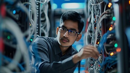 A focused technician works on server cables in a data center with a serious expression.