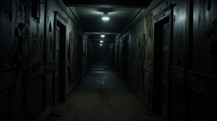 A long, dim corridor with weathered wooden walls, closed doors, and an old wooden floor, creating a terrifying and eerie atmosphere. Generative AI
