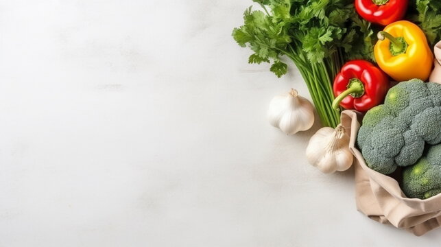 Flat lay of fresh vegetables in the eco cotton bag at the kitchen counter, gray background. copyspace - Generative AI