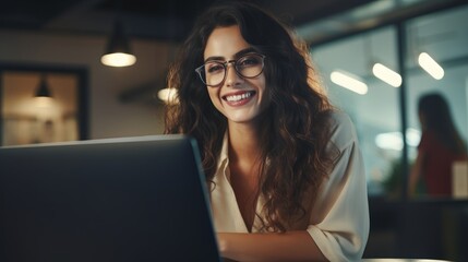 Close up portrait of young beautiful woman smiling while working with laptop in office  AI generated