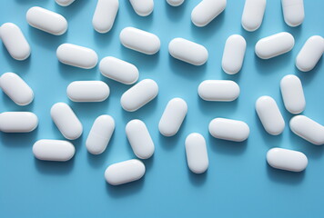 Several white pills on a blue background. Health, medicine, pharmaceutical background. Top view. Generative AI