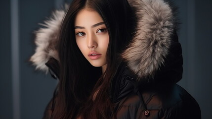 A woman model wearing a winter jumper with a furry hood. Winter concept. Studio model photo shoot. Close up. Generative AI