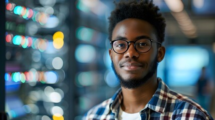 A confident young man with glasses and a checked shirt in a server room. - obrazy, fototapety, plakaty